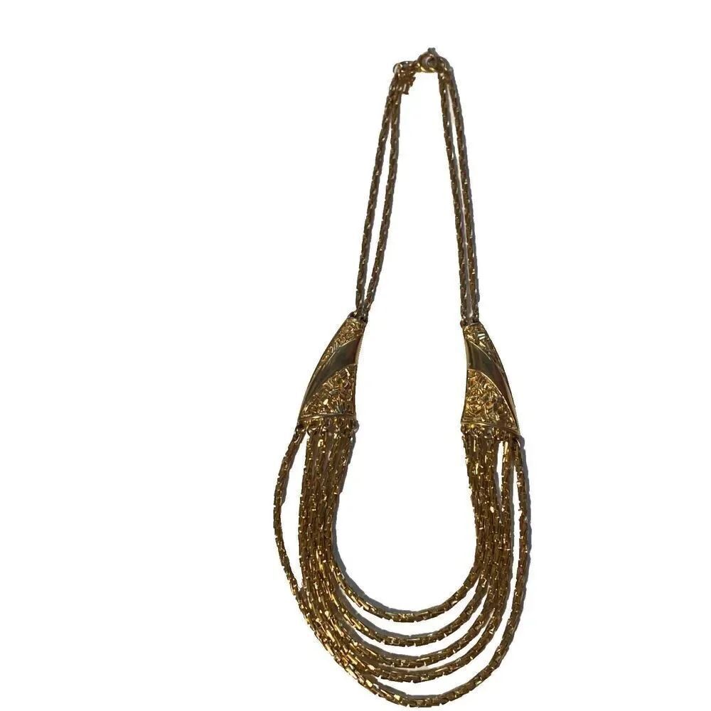Vintage Crown Trifari Gold Tone Multi-Strand Bib Necklace | 15″ Signed Trifari ©